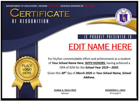 academic excellence award certificate deped template word
